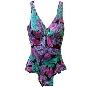 VTG 80's Tropical Multicolored One Piece Swimsuit With Plunging Neckline & Back
